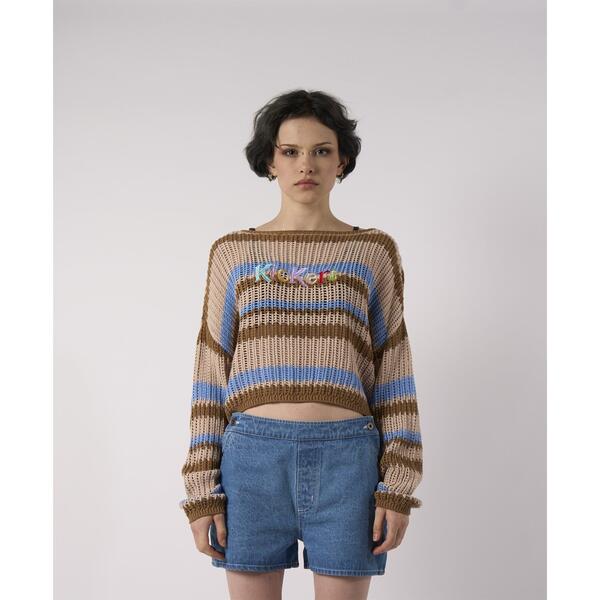 キッカーズ レディース アウター ニット・セーター クルーネック コットン Kickers Women's Loose Striped Cotton Knit Boat Neck Crew Neck Jumper Ecru エクリュ