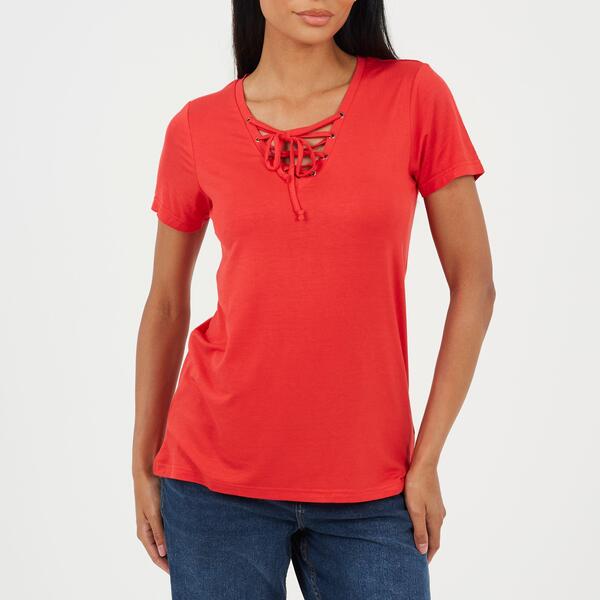 ブレーブソウル レディース トップス Tシャツ タイディテール Brave Soul BS Womens Tie Detail Eyelet Neck T-shirtrue Red レッド