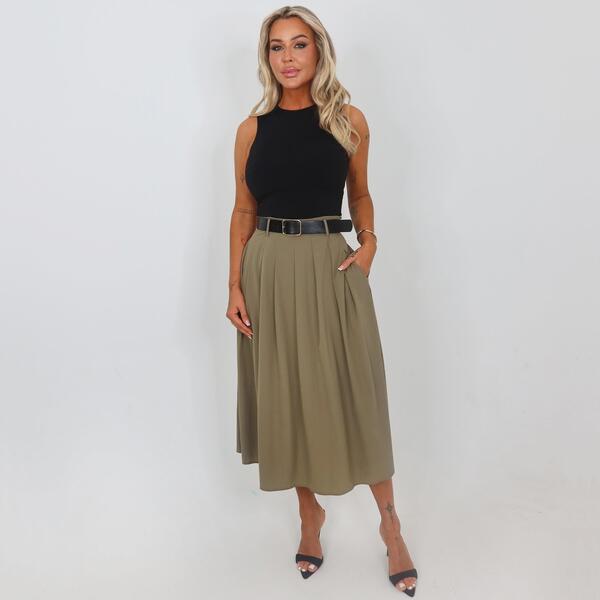 アックスパリ レディース ボトムスカート ミディワンピース プリーツ ミディ AX Paris Khaki 2 in 1 Pleated Skirt Belted Midi Dress Khaki カーキ
