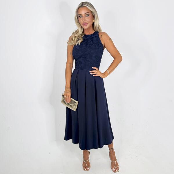 アックスパリ レディース ボトムスカート A ライン ミディワンピース ミディ オーバーレイ 刺繍 AX Paris Navy Embroidered Top Overlay A-Line Skirt Midi Dress Navy ネイビー｜ReVida 店