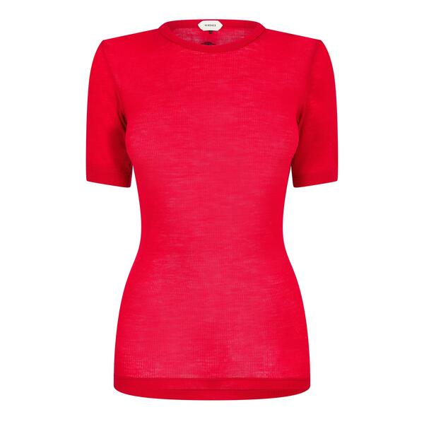 ヴェルサーチ レディース トップス ティーシャツ 肋筋 Versace Women\u0027s Ribbed Medusa T-Shirt Lipstick Red 赤いこと