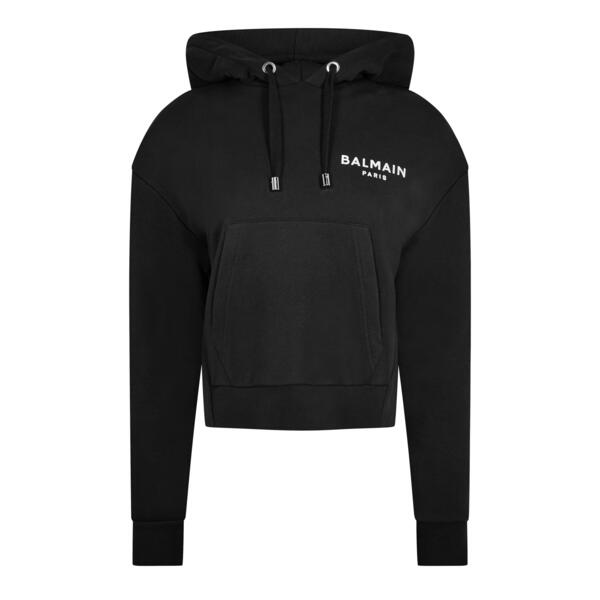 バルマン レディース アウター パーカー・スウェット 綿織物 ロゴタイプ Balmain Women\u0027s Logo Cotton Drawstring Hoodie Noir/Blanc EAB