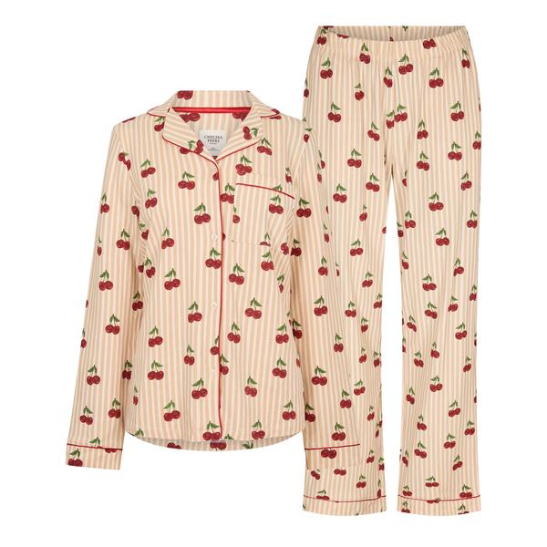 チェルシーピア レディース アンダー御召しもの ナイト爵御召しもの 綿織物 Chelsea Peers Women\u0027s Cotton Long Sleeve Pyjama Set Cherry Stripes 縞模様