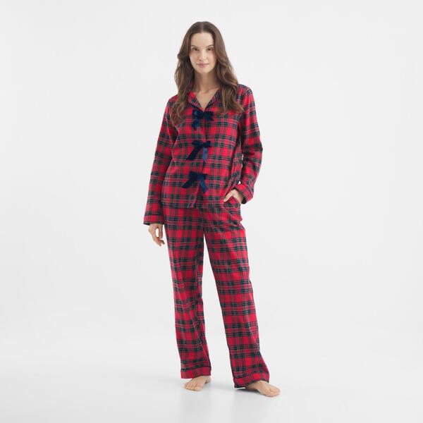 チェルシーピア レディース アンダー御召しもの ナイト爵御召しもの Chelsea Peers Women\u0027s Bow Tie Long Sleeve Pyjama Set Red Check 赤いこと