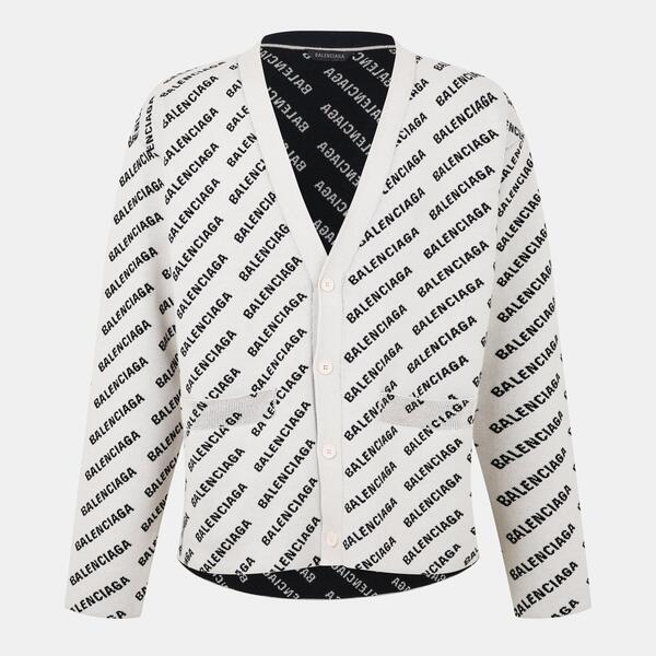 バレンシアガ メンズ アウター 編み物・プルオーバー ミニ ジレー ロゴタイプ Balenciaga Mini Allover Logo Cardigan Chalky Wht/Blk