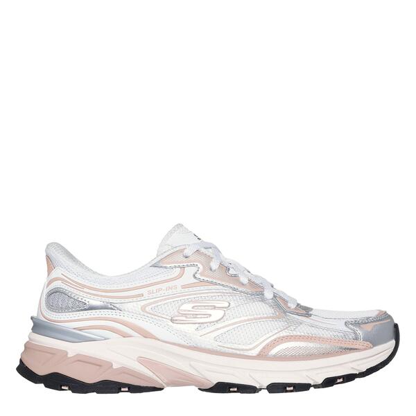 スケッチャーズ レディース シューズ スニーカー メッシュ オーバーレイ トール スピード競技 Skechers Metallic Overlay Mesh Lace-Up Slip- Runners Womens White/Pink 白いこと