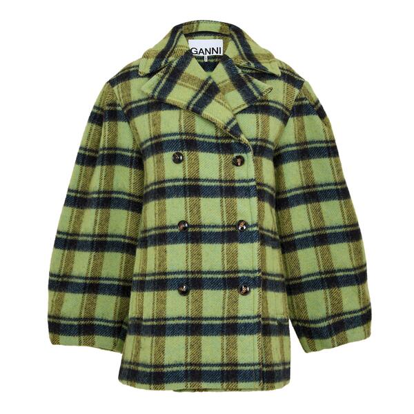 ガニー レディース アウター 上衣・上衣 羊毛 厚地の外套 Ganni Women\u0027s Brushed Wool Check Teddy Coat Lime Sherbet 菩提樹