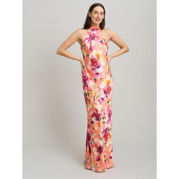 ジーナバッコーニ レディース トップス 衣装 御花柄 刷り上げる 繻子 御花 Gina Bacconi Margo Satin Floral Printie Neck Dress Orange オレンジ色