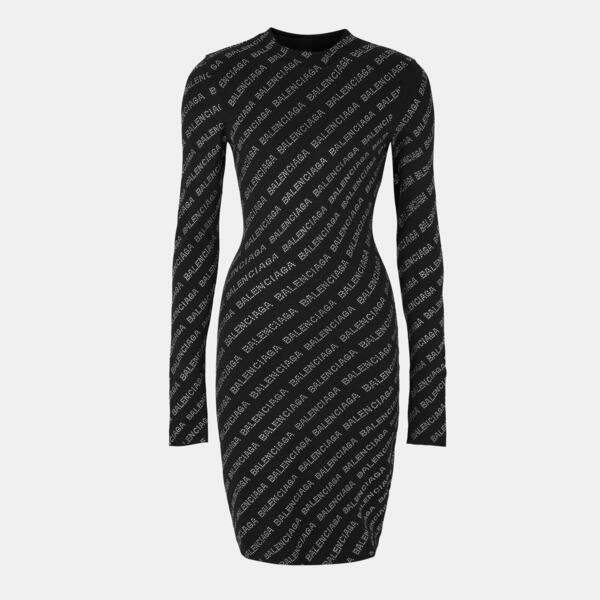 バレンシアガ レディース トップス 衣装 ミニ ロゴタイプ Balenciagall-Over Logo Mini Dress Black/Silver 黒いこと