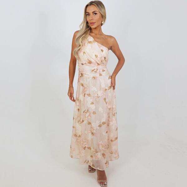 アックスパリ レディース トップス ワンピース シフォン フラワー柄 ミディ 刺繍 フラワー AX Paris Blush Floral Embroidered Chiffone Shoulder Midi Dress Blush ブラッシュ|ReVida 店