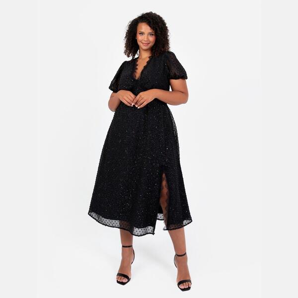 ラブドローズ レディース トップス 衣装 V素っ首 midi スピード競技 Lovedrobe Black Sparkly Glitter V Neck Midi Dress with Lace Trims Black 黒いこと