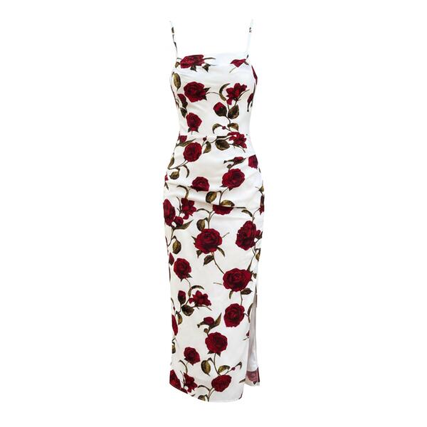 アックスパリ レディース トップス ワンピース プリント ギャザー ミディ AX Paris Cream Rose Printed Ruched Side Strappy Midi Dress Cream クリーム｜ReVida 店