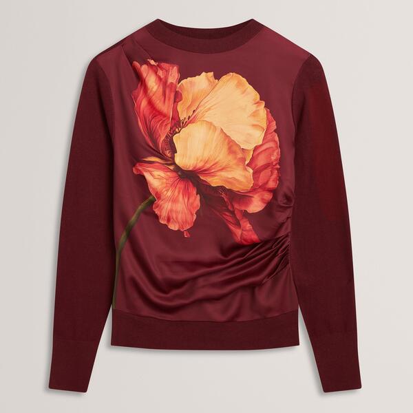 テッドベーカー レディース アウター ジレー 刷り上げる 繻子 編み物 Ted Baker Ted Printed Satin Front Fine Knitop Oxblood オックスブラッド