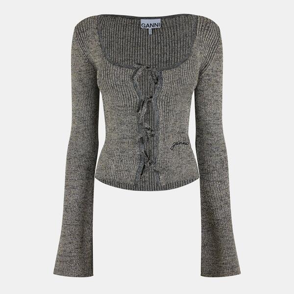 ガニー レディース アウター ジレー 編み物 Ganni Women\u0027s Rib Knitted Cardigan Silver しろがね色