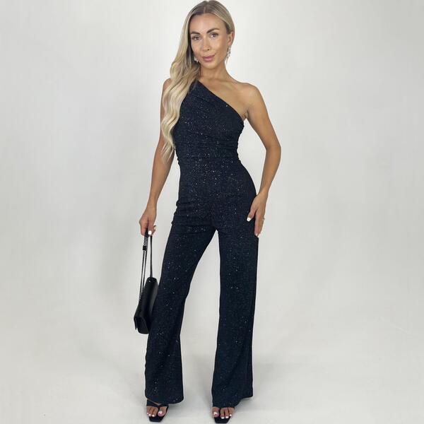 アックス光の都市 レディース トップス 衣装 ギャザー 飛び降りる背広 AX Paris Black Sparkle One Shoulderuched Top Jumpsuit Black 黒いこと