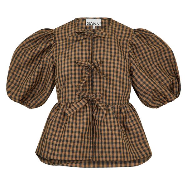 ガニー レディース トップス プルオーバー トップ Ganni Women\u0027s Crinkle Peplum Blouse Tobacco Brown 赤銅色