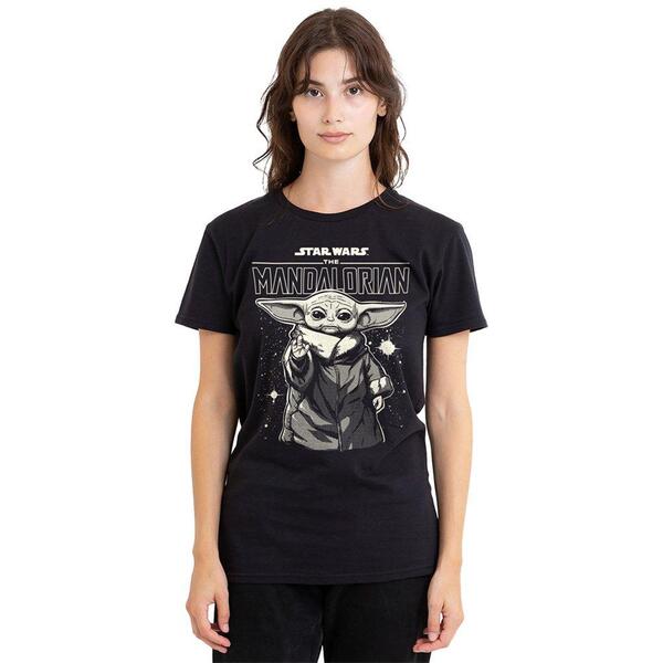 はやりっ子 ウォーズ レディース ボトムス 心地好いズボン下 ティーシャツ Star Wars The Mandalorian Grogu In The Stars T Shirt Black 黒いこと