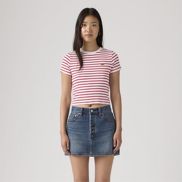 リーヴァイズジーンズ レディース トップス プルオーバー クロップド Levis Women\u0027s Essential Sporty White Cropped Crop Top Wht/Urban Red 赤いこと