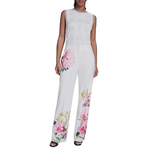 長い巻き毛 ラガーフェルド レディース ボトムス 心地よいズボン下 引っ切りない Karlagerfeld Women\u0027sportswear Straight Leg Trousers White/Floral 白いこと