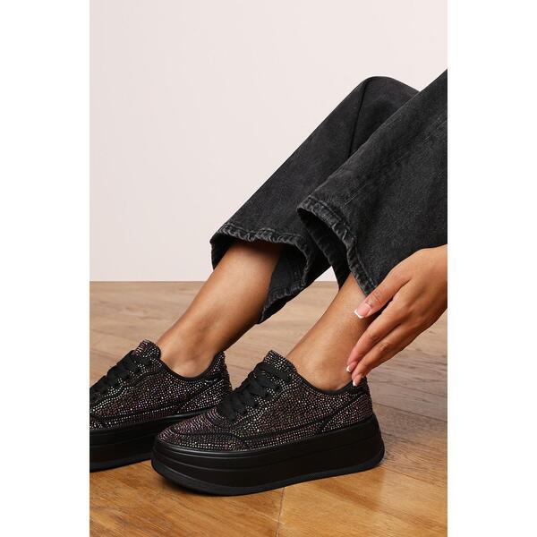 ホエアズザットフロム レディース シューズ スニーカー レース Wheres That From Wedge Lace Up Trainer with Diamante Detail Black ブラック｜ReVida 店