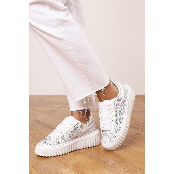 ホエアズザットフロム レディース シューズ スニーカー スピード競技 Wheres That From Lace Up Trainer with Diamante pattern and chunky sole White 白いこと