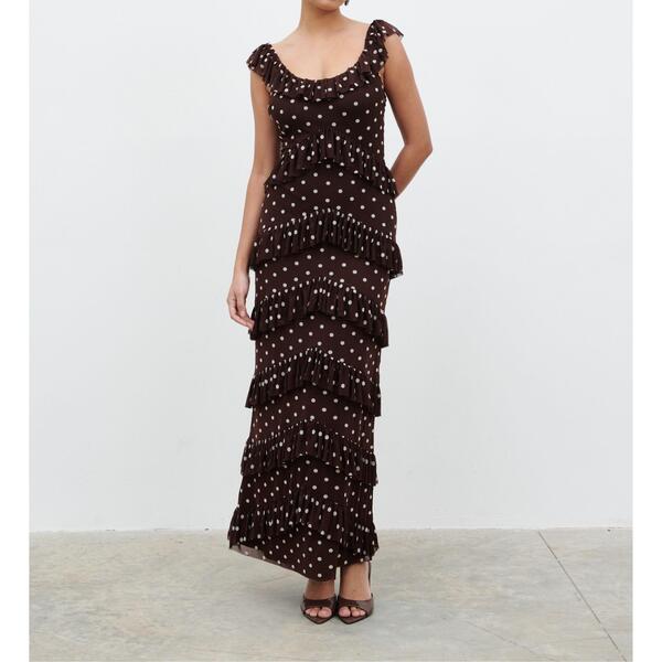 プリティラヴィッシュ レディース トップス 衣装 フラウンス メッシュ マキシ Pretty Lavish Women\u0027s Cecile Ruffle Mesh Maxi Dress Brown/Cream 皮膚軟化剤