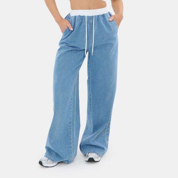 アイソウイットファースト レディース ボトムス デニムパンツ コントラスト I Saw It First Contrast Waistbandenim Jogger Mid Blue ブルー｜ReVida 店