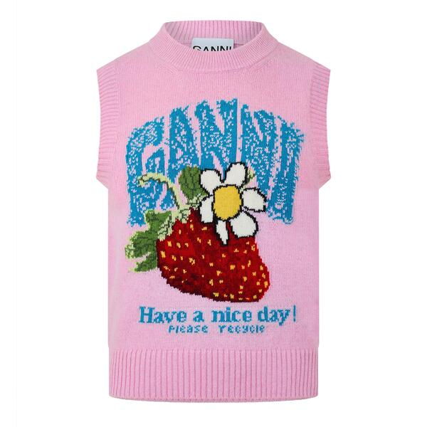 ガニー レディース アウター ニット・セーター ベスト ウール グラフィック Ganni Women's Graphic Wool Knitted Sweater Vest Pink ピンク｜ReVida 店 57,090円