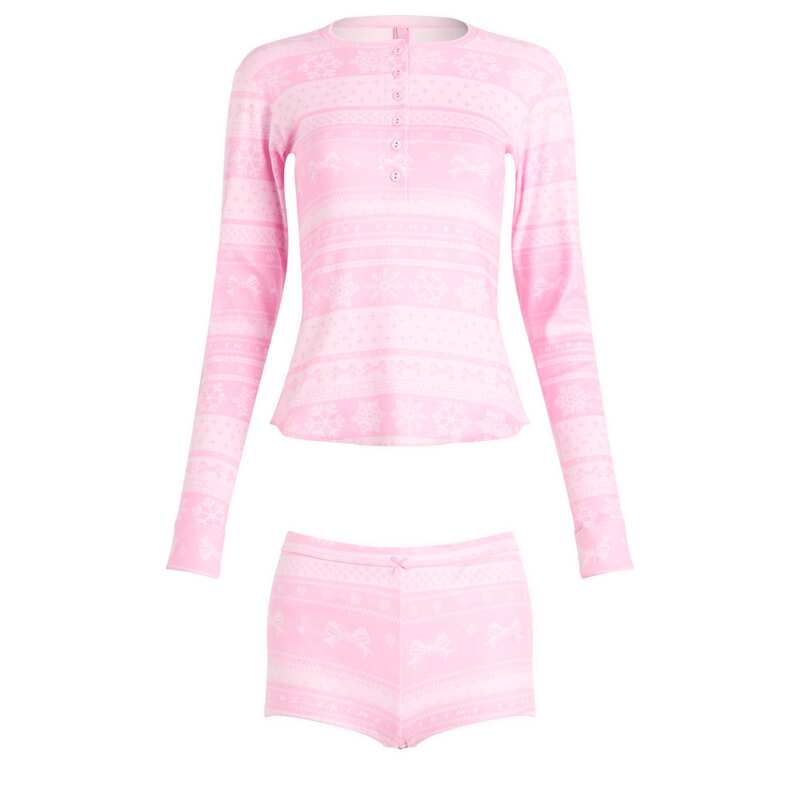 スキムズ レディース ボトムス ハーフパンツ・ショーツ プラスサイズ SKIMS Plush Pointelle Henley & Short Set Bubblegum Bow Fairisle