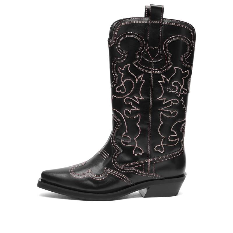 ガニー レディース シューズ ブーツ・レインブーツ 刺しゅう GANNI Mid Shaft Embroidered Western Boots Black \u0026 Pink 黒いこと