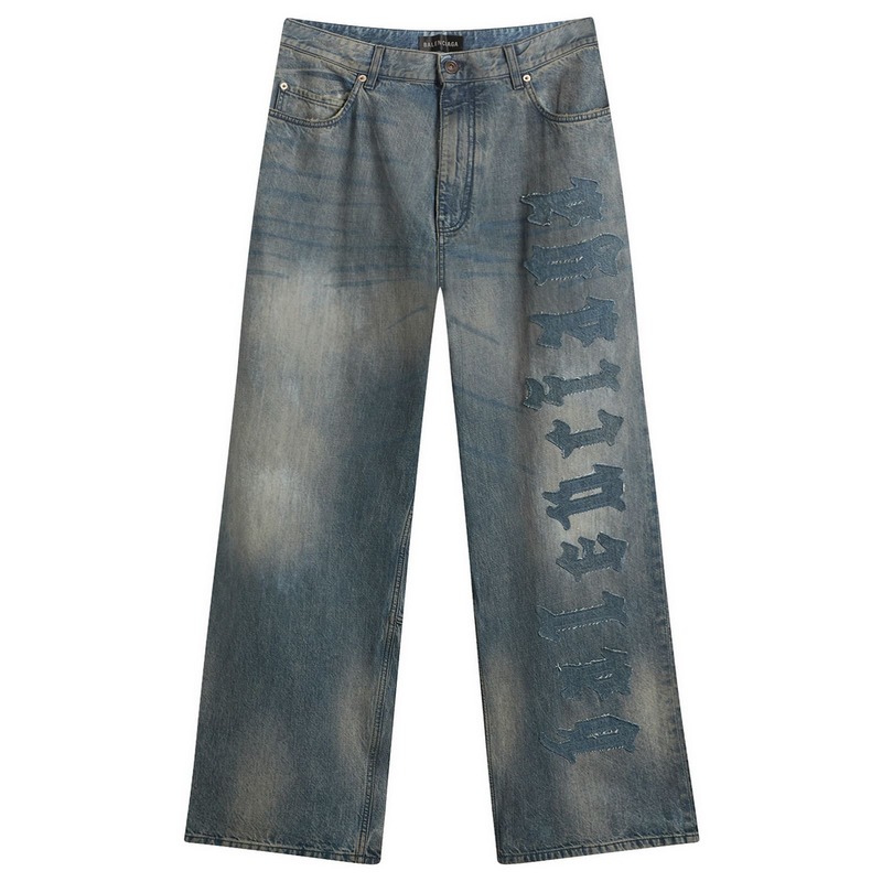 バレンシアガ メンズ ボトムス ジーンズズボン下 ロゴタイプ デニム Balenciaga Patch Logo Baggy Jeans Dirty Grey/Light Bl 薄墨色