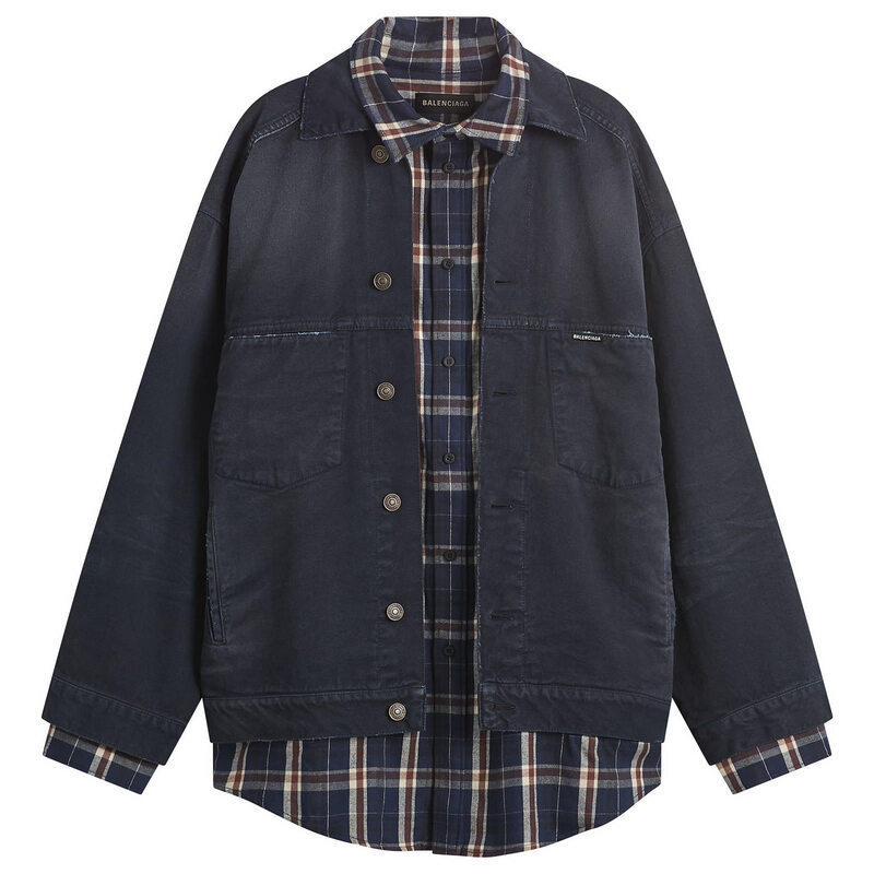 バレンシアガ メンズ アウター ジャケット・ブルゾン シャツ Balenciaga Double Layer Patched Shirt Jacket Navy/Dirty Dark Blue ネイビー