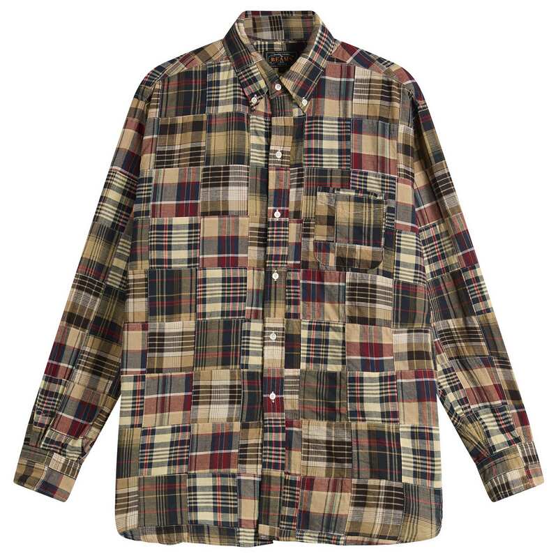 ビームス 足し加える メンズ トップス プルオーバー パッチワーク Beams Plus Patchwork Madrashirt Brown 赤銅色