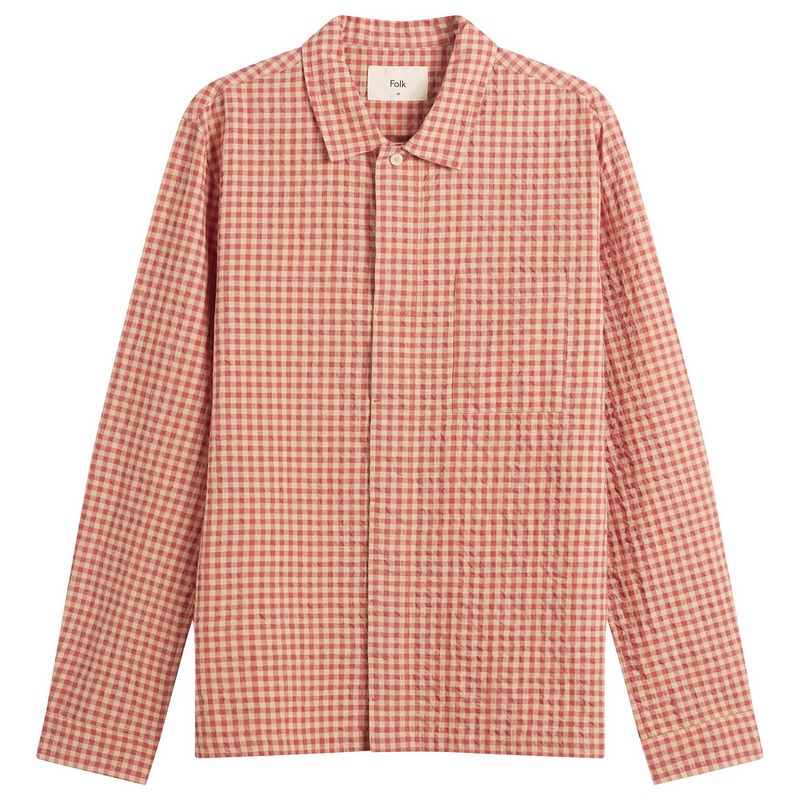 民俗音楽 メンズ トップス プルオーバー Folk Patch Shirt Red Oxide Textured Check 赤いこと メンズファッション-カジュアルシャツ-トップス