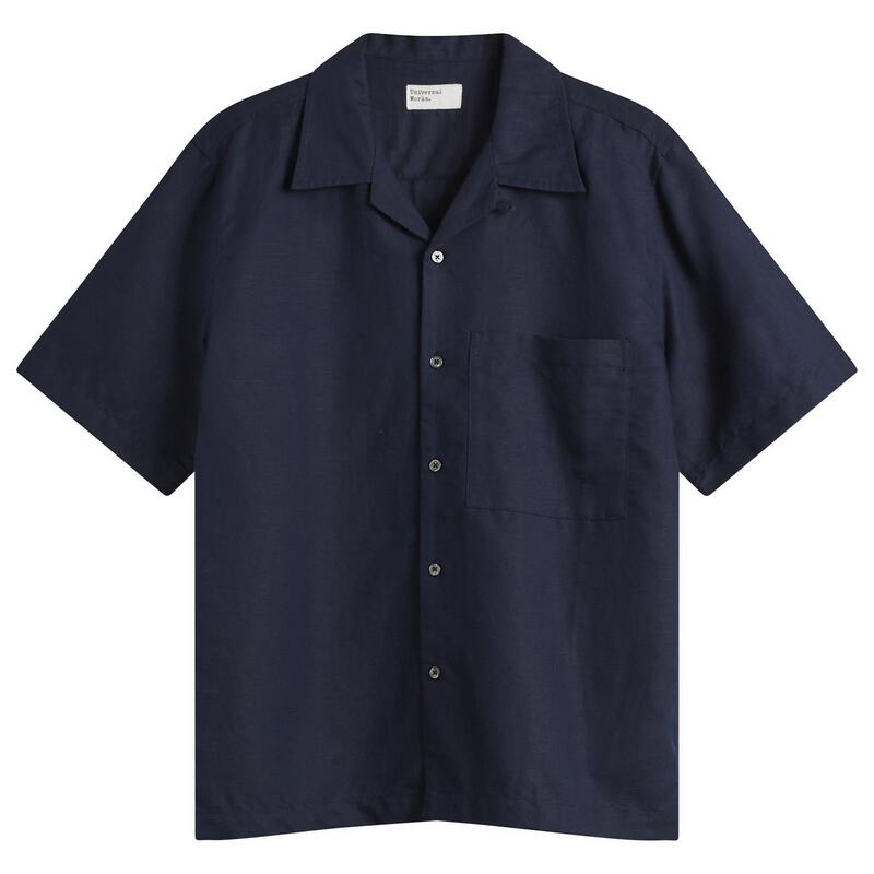 ユニバーサルワークス メンズ トップス シャツ コットン リネン Universal Works Linen Cotton Camp Shirt Navy ネイビー｜ReVida 店
