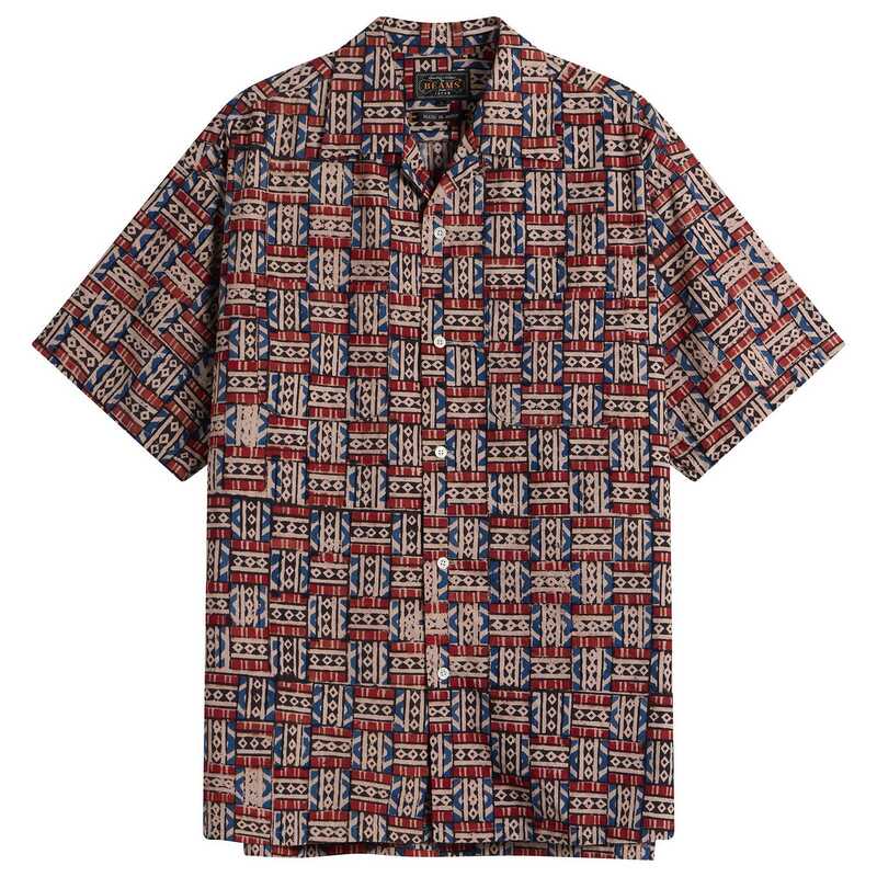 ビームス プラス メンズ トップス シャツ プリント Beams Plus Block Print Open collar Shirt Red レッド|ReVida 店