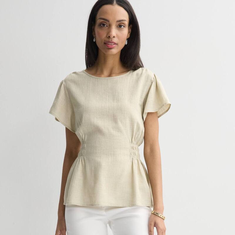 ナインウェスト レディース トップス プルオーバー トップ Women\u0027s Nine West Cinched Flutter Sleeve Blouse Light Beige ベージュ