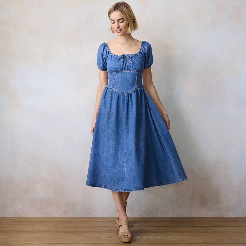 LC Lauren Conrad レディース トップス 衣裳 プチ MIDI ジーンズ Petite LC Lauren Conradenim V-Yoke Puff Sleeve Corset Midi Dress No Color ジーンズ