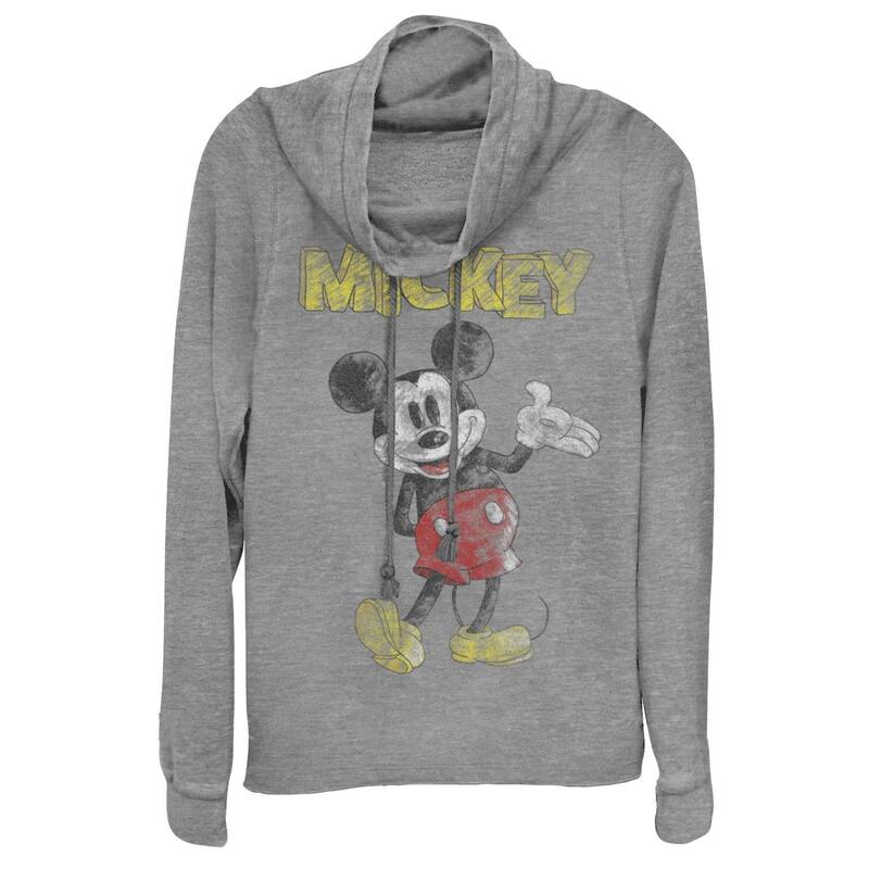 ウォルトディズニー レディース トップス プルオーバー グラフィック Disney Mickey Mouse Distressed Juniors\u0027 Cowlneck Graphic Lightweight Long Sleeve Gray Heather 薄墨色