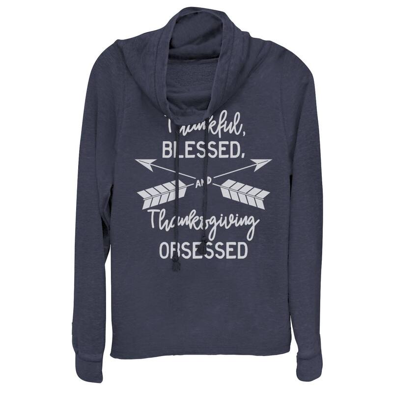 アンブランデッド レディース トップス プルオーバー グラフィック Unbranded Juniors\u0027 Thankful Blessed And Thanksgiving Obsessed Gold Cowlneck Graphic Lightweight Long Sleeve Navy 米国海軍
