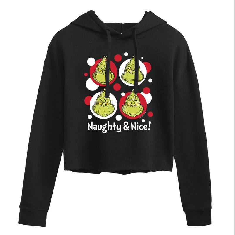 アニメ文字記号 レディース トップス プルオーバー クロップド パーカー グラフィック Licensed Character Juniors\u0027 Dr. Seuss\u0027s The Grinch Naughty \u0026 Nice Cropped Graphic Hoodie Black 黒いこと
