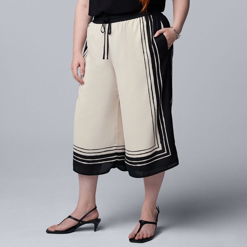 ヴェラウォン レディース ボトムス 心地よいズボン下 つけ加える大きさ Plusize Simply Vera Wang Drapey Culotte Pants Black Tan Border 黒いこと