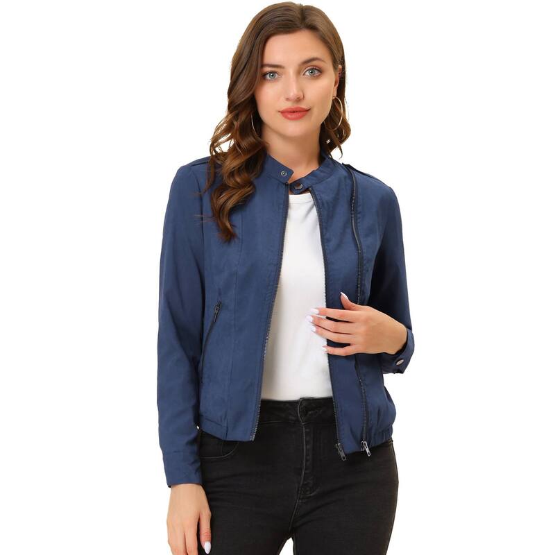 アレグラ ケー レディース アウター 上衣・上衣 ALLEGRA K Women\u0027s Lightweight Stand Collar Zip up Biker Moto Jacket Dark Blue 青碧