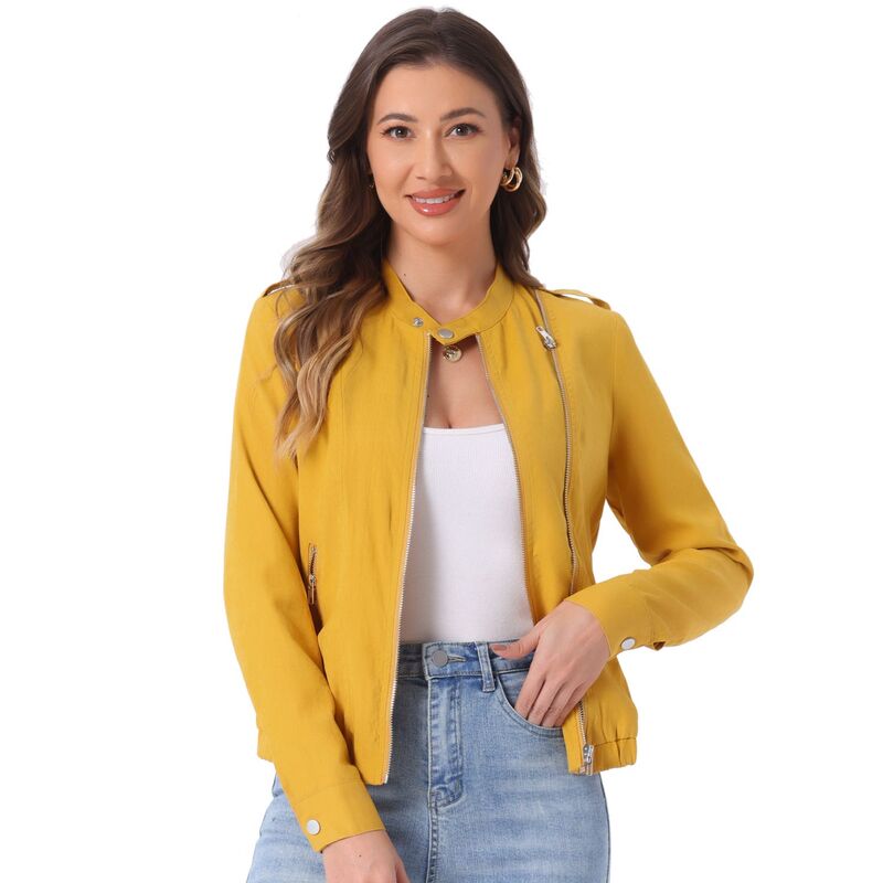 アレグラ ケー レディース アウター 上衣・上衣 ALLEGRA K Women\u0027s Lightweight Stand Collar Zip up Biker Moto Jacket Yellow 黄色