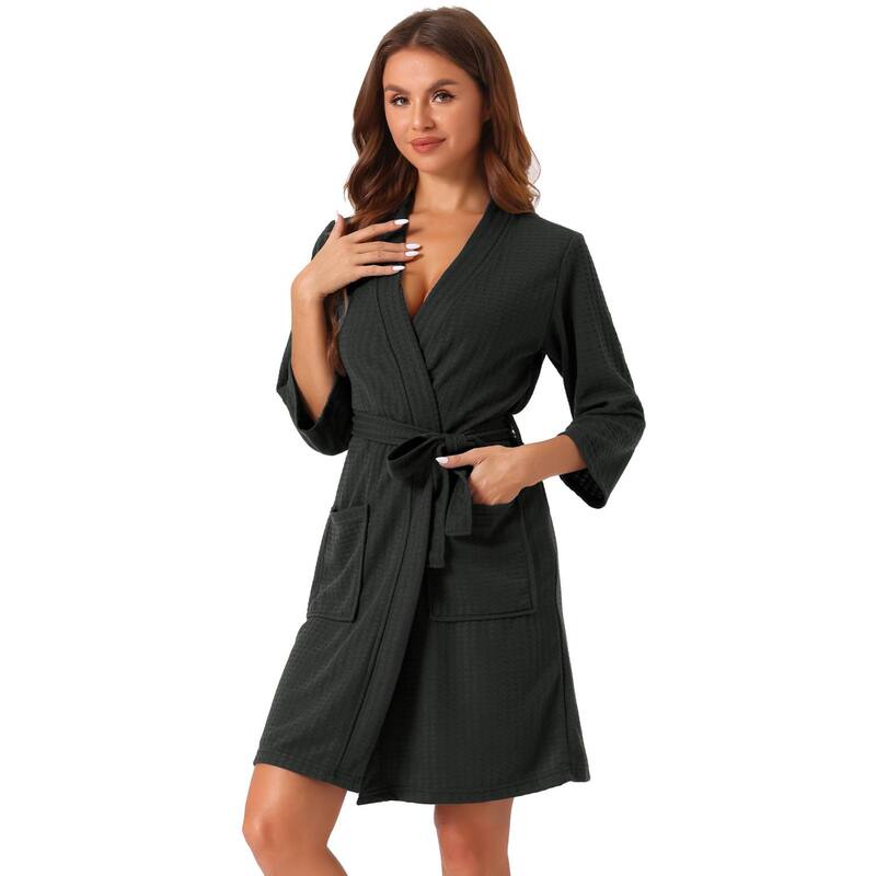 cheibear レディース アンダー御召しもの ナイト爵御召しもの cheibear Womens Waffle Bathrobe Soft Kimono Spand Bath Mid-Length Robes Black 黒いこと