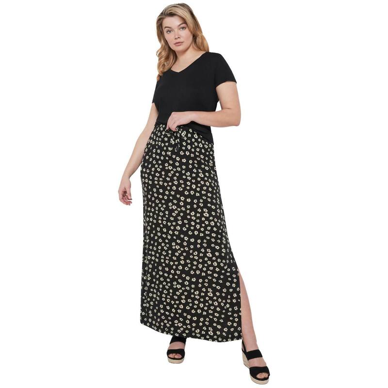 Ellos レディース 下つ方スコート つけ加える大きさ 編み物 マキシ Ellos Plusize Knit Maxi Skirt Black Ivory Floral 象牙色