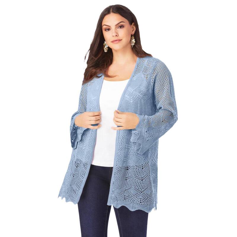 ロアマンズ レディース アウター 編み物・ティーシャツ 足し加える大いさ ジレー Roaman\u0027s Women\u0027s Plusize Bell Sleeve Pointelle Cardigan Pale Blue 青碧