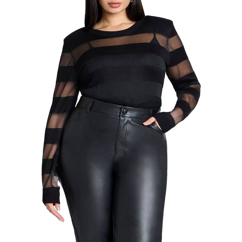 エロクイ レディース アウター 編み物・ティーシャツ 足し加える大いさ シアー ELOQUII Women\u0027s Plusize Sheer Stripe Sweater With Shoulder Pad Black Onyx 黒いこと