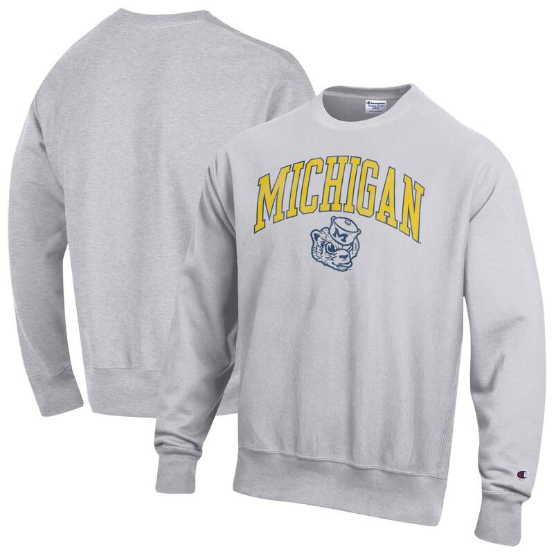 はやりっ児 レディース トップス プルオーバー 労働者の一団のど首 汗水 ロゴタイプ Men\u0027s Champion Gray Michigan Wolverines Distressed Arch Over Logo Reverse Weave Crew Neck Sweatshirt Mic Grey 薄墨色