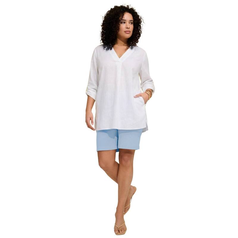 ロアマンズ レディース トップス プルオーバー 足し加える大きさ リネン Roaman\u0027s Women\u0027s Plusize Linen-Blend Y-Neck Roll-Tab Sleeve Tunic White 白いこと